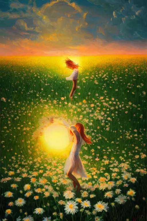 Image similar to veil of giant white daisy flower as head, girl dancing in a flower field, surreal photography, sunrise, dramatic light, impressionist painting, colorful clouds, digital painting, artstation, simon stalenhag