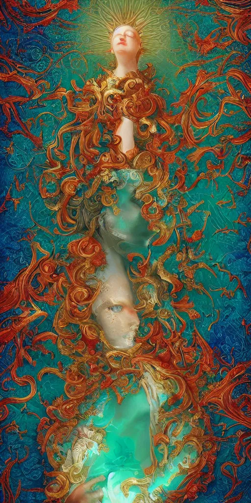 Image similar to ai dreams of god. baroque, deep focus, fantasy, intricate, elegant, highly detailed, digital painting, artstation, sharp focus, illustration. scarlet - green and mustard - indigo and azure - orange and white color scheme.