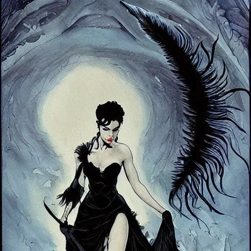 Prompt: jennifer connelly as odile, gothic dark fae disney villain with black feathers instead of hair, girlboss, dominant, zero g, feathers growing out of skin, pulp sci fi, mike mignola, david mack, romantic, comic book cover, vivid, beautiful, illustration, highly detailed, oil painting