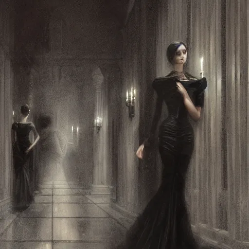 Image similar to a beautiful victorian woman is frightened by her doppleganger in a mirror. she is in a long hallway of mirrors. elegant design, haunting atmosphere, dimly lit, gothic, horror style, by greg rutkowski, realistic, low angle, 3 / 4 view.