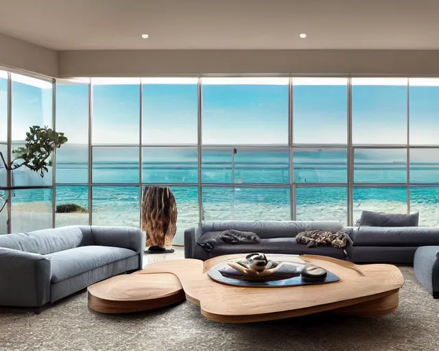 Image similar to A modern living room inspired by the ocean, a luxurious wooden coffee table with large seashells on top in the center, amazing detail, 8k resolution, calm, relaxed style, harmony, wide angle shot