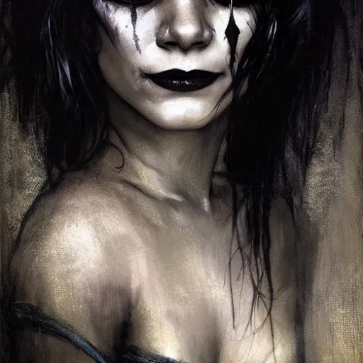 Image similar to beautiful portrait of vanessa hudgens as death from sandman, smiling, by cedric peyravernay, alphonse mucha, by jeremy mann, by lecouffe deharme, goth chic, soft lightning, eyeliner, punk rock, high detailed, 8 k