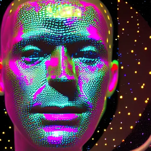 Image similar to a 3d human head made up of shiny holograms