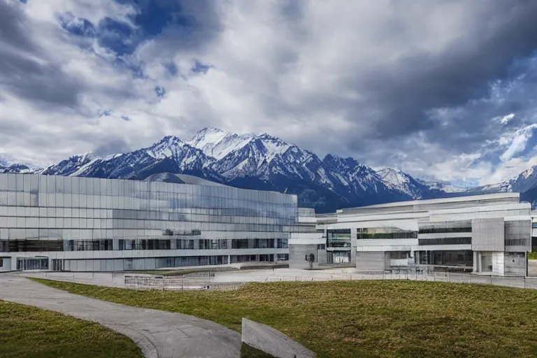 Image similar to architecture photo modern fachwerk school with Elbrus mountain on the background, architecture, photorealism 8k , shining and happy atmosphere, uplight, high details