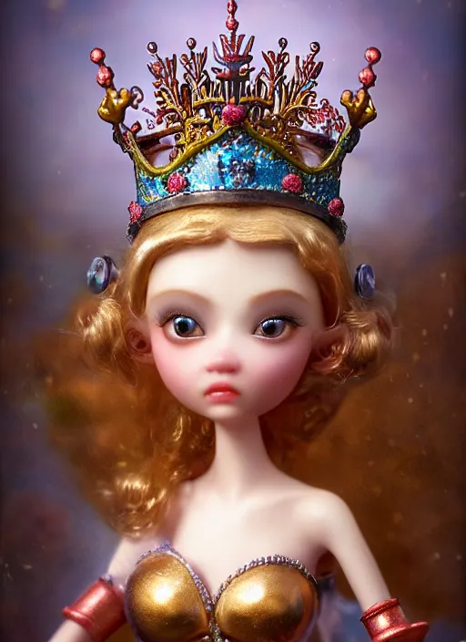 Image similar to highly detailed closeup, profile portrait of a tin toy fairytale princess wearing a crown, bikini, unreal engine, nicoletta ceccoli, mark ryden, earl norem, lostfish, global illumination, detailed and intricate environment