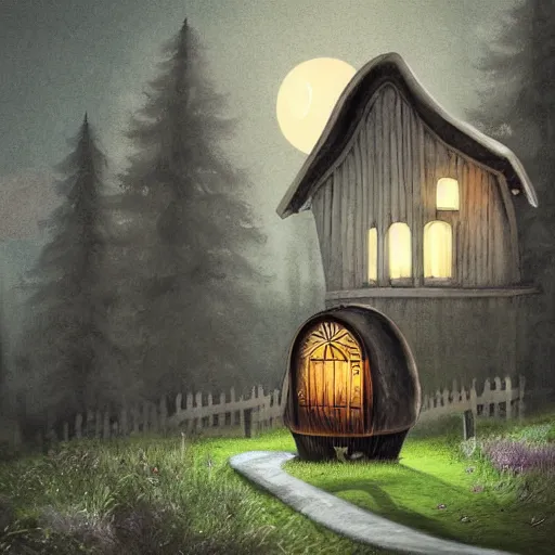 Prompt: realistic moomin house in haunted forest, creepy ambiance, digital painting