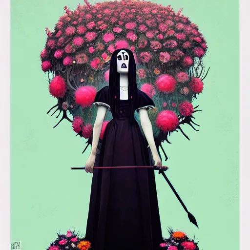 Image similar to a beautiful portrait painting of a ( gothic ) wednesday addams covered with flowers by simon stalenhag and pascal blanche and alphonse mucha!! and nekro!! and josan gonzalez in style of digital art. smooth illustration, film noirs, brush stroke, trichromatic colors, hyper detailed. octane render. trending on artstation