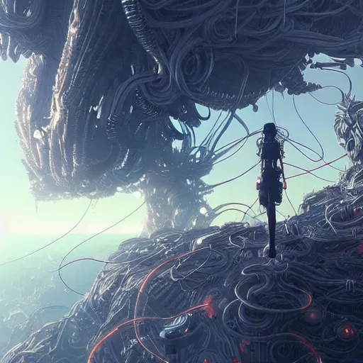 Image similar to alien world made from wires, detailed landscape, intricate complexity, by greg rutkowski, artgerm, ross tran, conrad roset, takato yomamoto, ilya kuvshinov. 4 k, beautiful, cinematic dramatic atmosphere