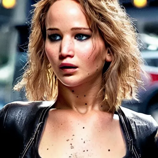 Prompt: Promo photo of Jennifer Lawrence as Dom in 2029 remake of Fast and the Furious