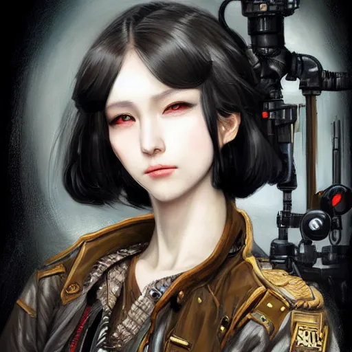 Image similar to portrait of a girl by ayami kojima, mixture between russian and japanese, she is about 2 0 years old, black bob hair, very tall and slender, she is wearing a steampunk tactical gear, highly detailed portrait, digital painting, artstation, concept art, smooth, sharp foccus ilustration, artstation hq