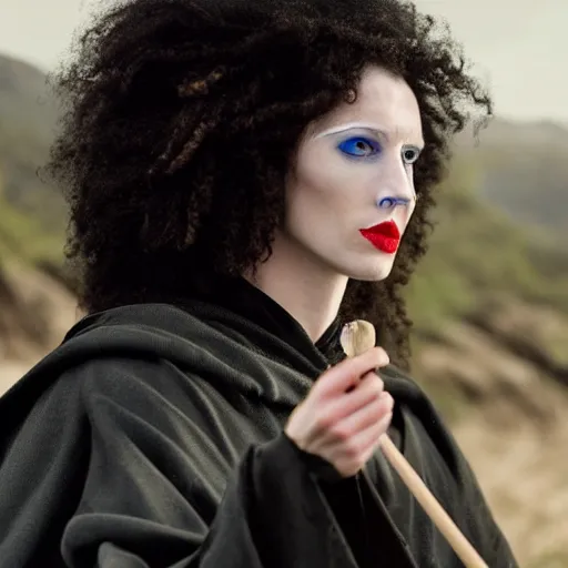 Prompt: a beautiful english woman with a long face narrow nose pale skin blue eyes red lips and wild messy tangles of curly white blonde hair, high resolution film still wearing a black robe and skull necklace and holding a spear, sandy, a journey to the west