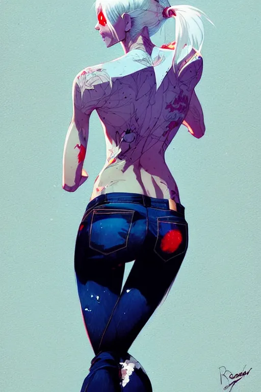 Image similar to a ultradetailed beautiful back painting of a stylish woman with white hair in a short pony tail, she is wearing jeans, by conrad roset, greg rutkowski and makoto shinkai trending on artstation