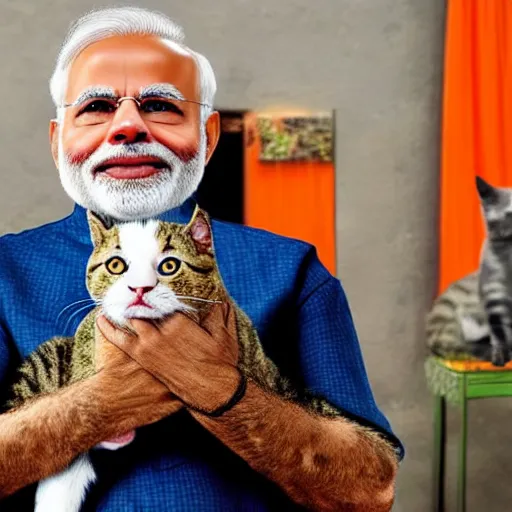 Prompt: narendra modi holding a cat in his arms, a 7 r