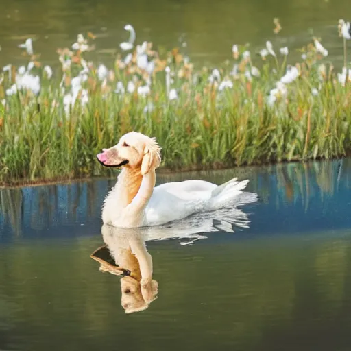 Image similar to a cream colored golden retriever puppy riding on a swan that is swimming in a pond, flowers everywhere, golden hour, beautiful landscape,