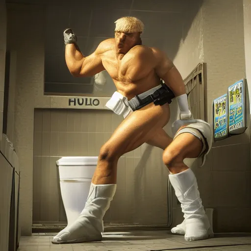 Prompt: toilet paper police, toilet police as ken street fighter, ultra realistic, concept art, intricate details, highly detailed, photorealistic, octane render, 8 k, unreal engine, art by frank frazetta, simon bisley, brom