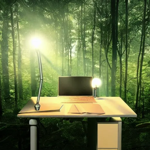 Prompt: A small desk with desklamp in the middle of a forest, floating lights, magical, byStudio Ghibli