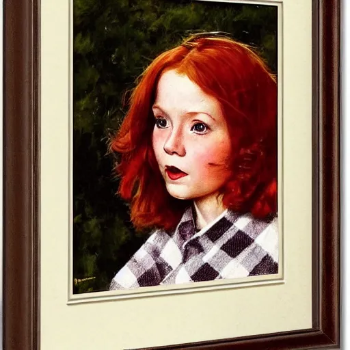 Prompt: a redhead girl thinking, portrait, centered, artwork by Norman Rockwell, cinematic view, high quality