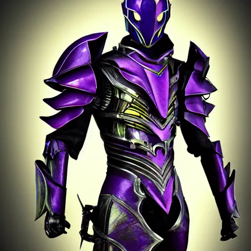 Prompt: High Fantasy Kamen Rider, vibrant color, 4k, glowing eyes, daytime, grey rubber undersuit, Guyver Dark Hero inspired armor