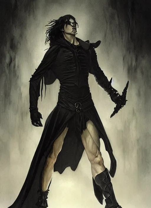 Image similar to elegant renaissance concept art of a male young muscular the crow 1 9 9 4, full figure dynamic fighting pose, pale skin!, gothic, black overcoat, fantasy, intricate, highly detailed, wrapped in leather belts, digital painting, artstation, smooth, sharp focus, illustration, art by artgerm and greg rutkowski and alphonse mucha