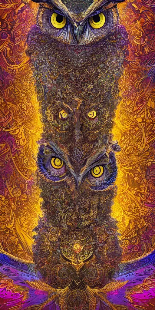 Prompt: intricate ornate of an owl with beautiful yellow eyes on a psychedelic journey in the style of android jones, sacred, ethereal, sacred geometry, hyper detailed, high detail, artstation, octane, unreal engine