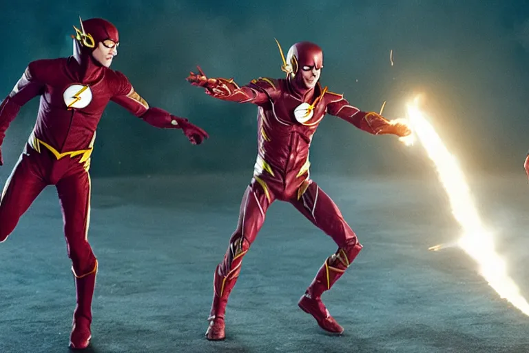 Image similar to a duel between flash ( left ) and ezra miller as flash ( right ), in space, shot on alexa, 3 5 mm cooke, still from a movie, trending on hollywood reporter