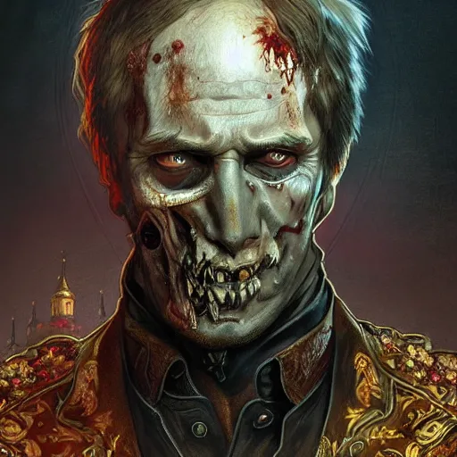 Image similar to zombie Putin in Kremlin, fantasy, intricate, highly detailed, digital painting, artstation, concept art, smooth, sharp focus, illustration, art by artgerm and greg rutkowski and alphonse mucha