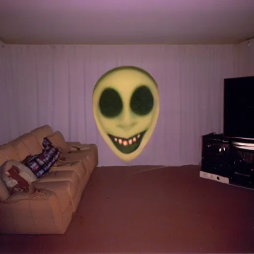 Prompt: a strange high flash photo of an empty suburban home, there's a creepy face on the television, 2 0 0 6, taken with a disposable camera