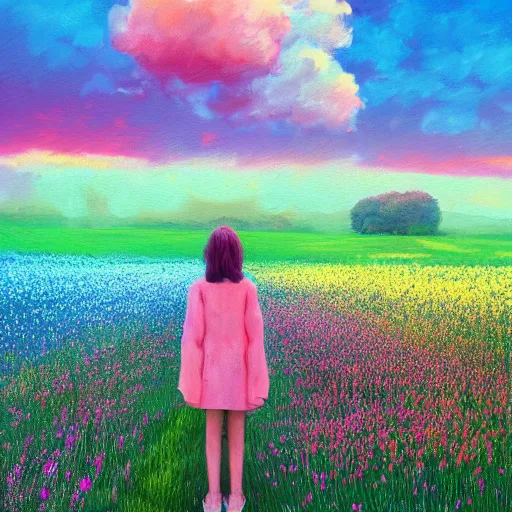 Image similar to girl with a blooming flower face, surreal photography, bizzare, dreamlike, otherworldly, standing in flower field, in a valley, sunrise dramatic light, impressionistic painting, colorful clouds, artstation, simon stalenhag