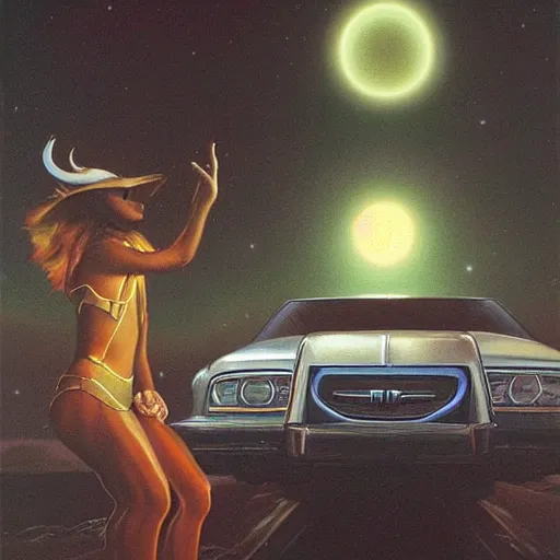Prompt: a cow floating at night, pov inside a car, flashlight on, creepy, surrealism, painting by boris vallejo and michael whelan