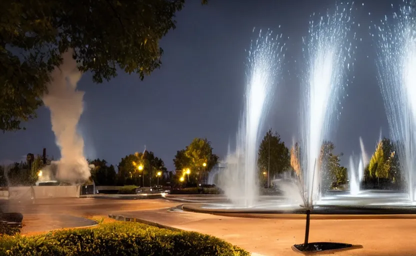 Image similar to a beautiful photo of a roundabout with an italian sculptural fountain shooting fire instead of water, sunset lighting, intricate detail, photorealistic