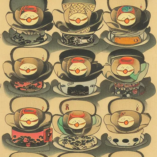 Image similar to traditional japanese ukiyo - e depicting happy smiley coffee cups in a beautiful natural environment