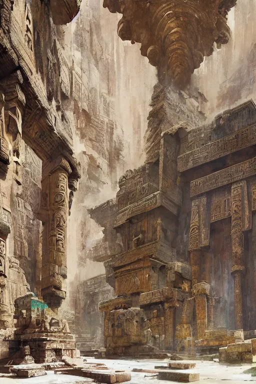 Image similar to looking up at ancient egyptian ruins interior, waterfall, huge statues, intricate, elegant, vivid colors, highly detailed, john park, craig mullins, sparth, ruan jia, jeffrey catherine jones