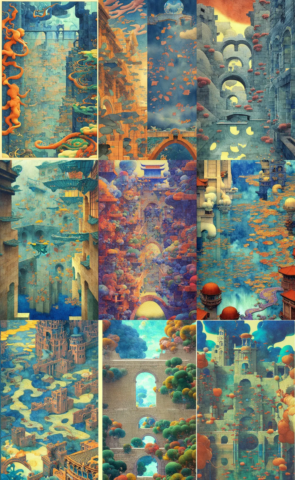 Prompt: dixit card!!!!, tiled room squared waterway, aqueducts, fantasy. intricate, amazing composition, colorful watercolor, by ruan jia, by maxfield parrish, by shaun tan, by yoshitomo nara, by m. c. escher, illustration, gloomy