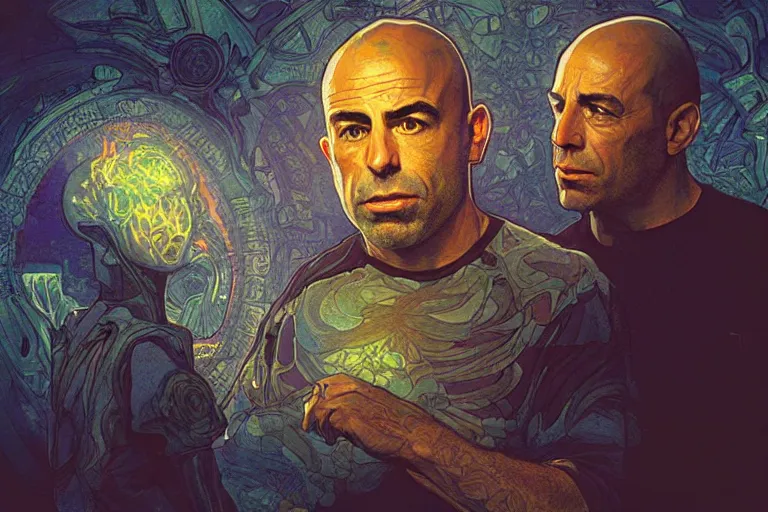 Prompt: joe rogan interviewing an inter - dimensional dmt alien, octane render, by greg rutkowski, alphonse mucha, artgerm