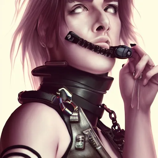 Image similar to detailed realistic female character cyberpunk wearing leather belt collar around neck, realistic, art, beautiful, 4K, collar, choker, collar around neck, punk, artstation, detailed, female, woman, choker, cyberpunk, punk, collar, choker, collar around neck,