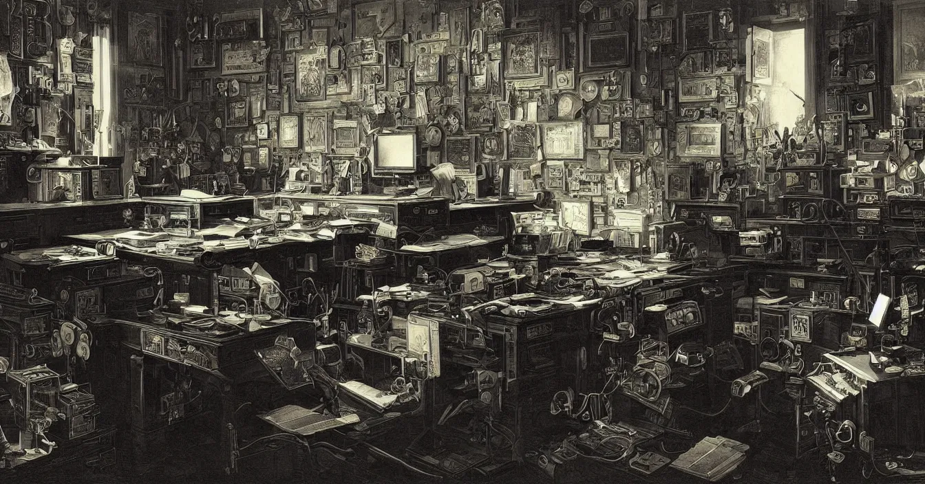 Prompt: Wide view of a hardware geek's desk from the future, full of various electronic hardware components and instruments, incredible sharp detail, back light contrast, dramatic dark atmosphere, bright vivid colours, reclections, metal speculars, painted by Asher Brown Durand , Gustave Dore, George Inness, Martin Johnson Heade