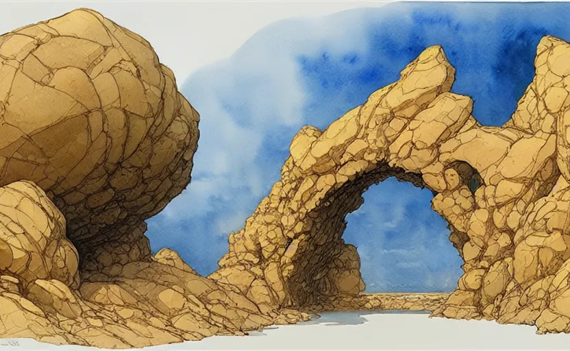 Prompt: a hyperrealist watercolour concept art of a dimensional time portal in the shape of a large rock arch. by rebecca guay, michael kaluta, charles vess and jean moebius giraud. high detail, hq, wide shot