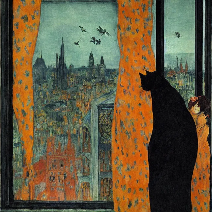 Prompt: portrait of woman in night gown with cat and crane with city with gothic cathedral seen from a window frame with curtains. max ernst, jan van eyck, bonnard, henri de toulouse - lautrec, utamaro, matisse, monet, audubon