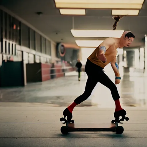 Image similar to a roller skater in a cinematic shot in santa monica, mid - afternoon, canon eos c 3 0 0, ƒ 1. 8, 3 5 mm, 8 k, medium - format print, inspired by roger deakins cinematography