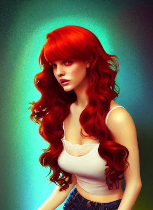 Image similar to full body portrait of teenage cheryl blossom, bangs, green eyes, mischievous expression, red hair, sultry smirk, bangs and wavy hair, intricate, elegant, glowing lights, highly detailed, digital painting, artstation, concept art, smooth, sharp focus, illustration, art by wlop, mars ravelo and greg rutkowski