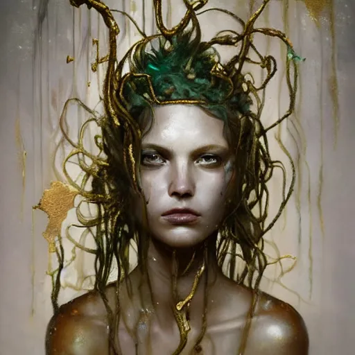 Image similar to Medusa by cy Twombly and BASTIEN LECOUFFE DEHARME, gold and emerald, iridescent, volumetric lighting