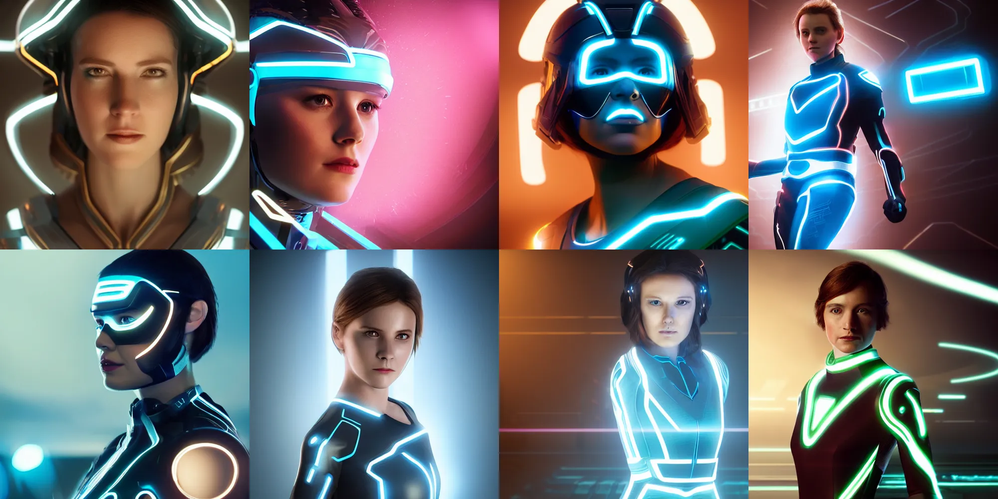 Prompt: beautiful portrait of emma wattson in a tron legacy costume, octane render, cinematic, soft light, by xiaoguang sun and tian zi