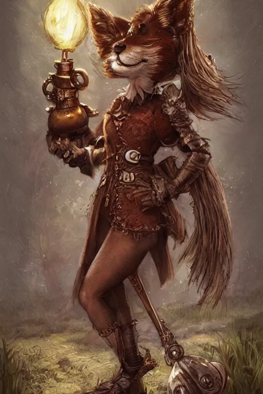 Image similar to cute little anthropomorphic foxy witch wearing a cape and a dreadlocks, tiny, small, miniature fox, baby animal, short, pale woodcut armor, cute and adorable, pretty, beautiful, steampunk character art portrait, matte fantasy painting, DeviantArt Artstation, by Jason Felix by Steve Argyle by Tyler Jacobson by Peter Mohrbacher, cinematic lighting