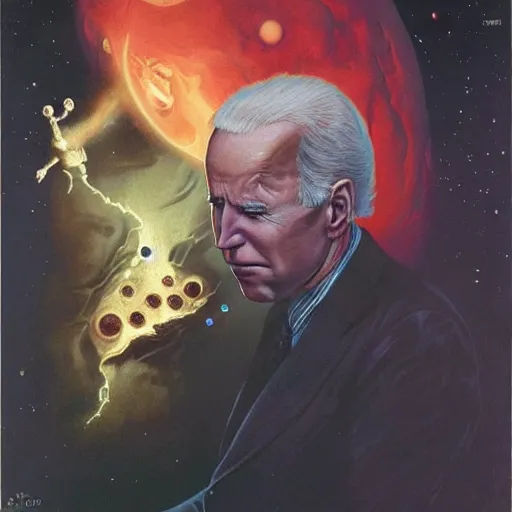 Image similar to terrifying joe biden creating the universe ab nihilio, perfectly clear face, by j. c. leyendecker and beksinski