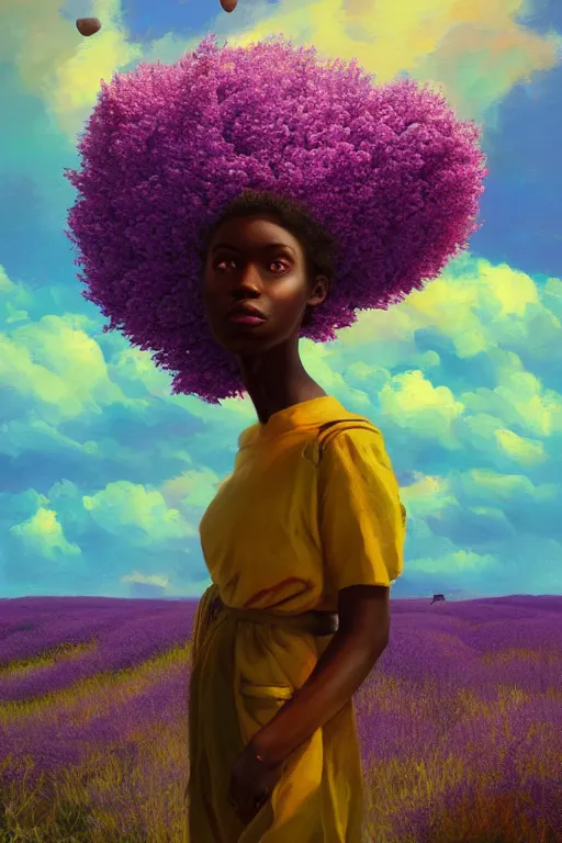 Prompt: portrait, giant lilac flower as head, black woman in heather field, surreal photography, golden hour, colorful clouds, impressionist painting, digital painting, artstation, simon stalenhag