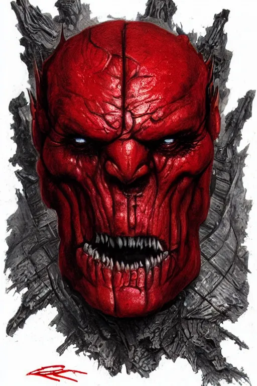 Prompt: portrait of red hulk brock lesnar scarlet king spawn skull mask thanos by hr giger, zdzisław beksinski, luis royo and wayne barlowe as a diablo, resident evil, dark souls, bloodborne monster