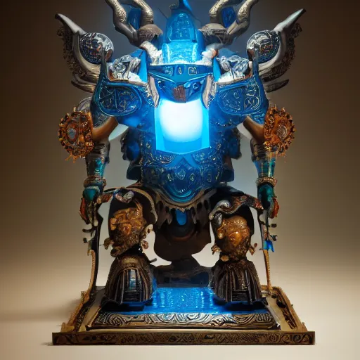 Prompt: a guardian, hussein by hieronymus engine, beautiful barbarian rays of shimmering mechanical chinese blue inexplicable cinematic, 8 k resolution, and behavior, and paint oil paint metal liquid metal sculpture