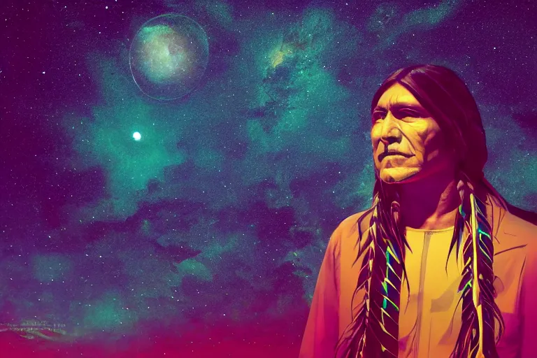 Image similar to photograph of a spiritual native american man looking up at the stars, art, universe, blender, pastel colors, synthwave, retro, cyberpunk,