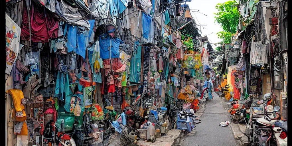 Prompt: alleyway vietnam hot summer day in the style of a comic book