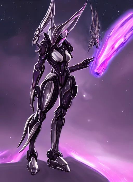 Prompt: cinematic body shot, galactic sized proportional stunning beautiful hot female warframe, sleek goddess mecha female dragon head, metal ears, led purple eyes, smooth fuschia skin, smooth silver armor, floating in space, holding a galaxy, epic proportions, epic size, epic scale, furry art, dragon art, giantess art, warframe fanart, furaffinity, octane